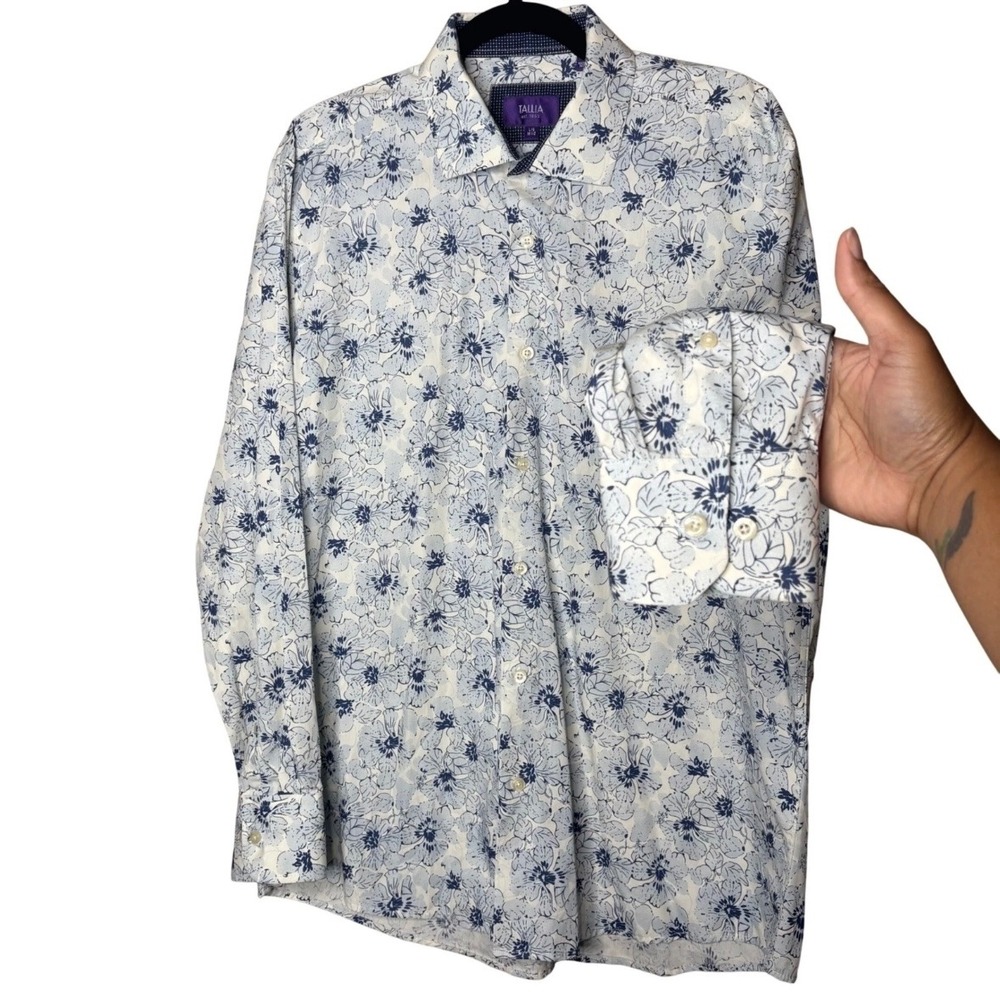 Tallia Mens Blue Floral Button Down Shirt Large 16.5 L/G Business casual